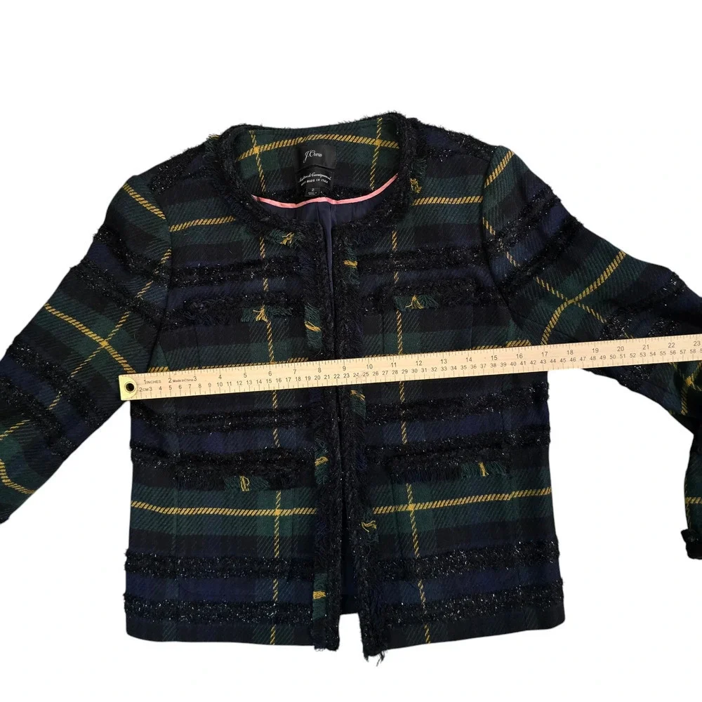 J. Crew Lady Jacket in Lurex Black Watch Plaid Size 2 AE993 xs green yellow blue